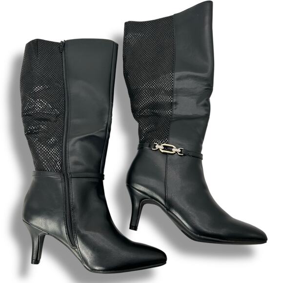NEW Karin Scott Tall Boots Size 5 Black Buckled Knee High Dressy High Heel NWT - Picture 1 of 7